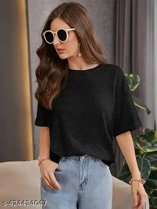 Women Self Design Round Neck Wool Black T-Shirt