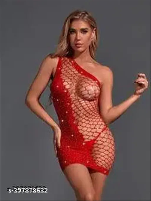 SIZI Women Red One Shoulder BabyDolls Through Spandex Knitted Dresses|BodyStocking| Fishnet BodyStocking-BD106(Pack of 1)