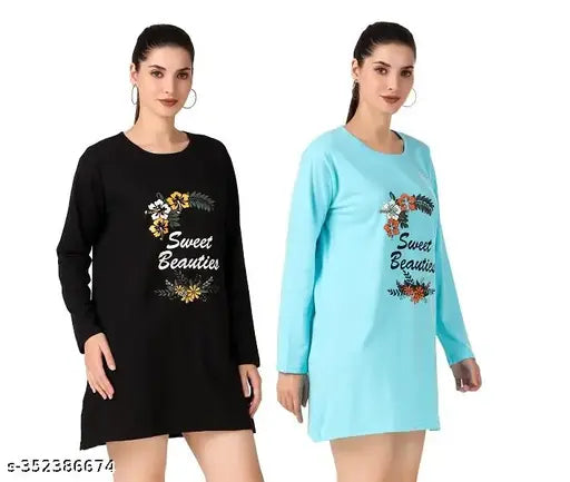 Trike Women Cotton Printed Full Sleeves Round Neck Regular Fit T-Shirts/Top/Long Night Wear T-Shirt for Women's & Girls (Set of 2)