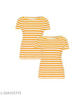 Simple Fancy Trendy Feminine Comfort Premium Women's and girl's Tops and Tshirts Pack of 2 Multicolor Cotton Striped short sleeves t-shirt with stylish printed round neck Pink ; white and Yellow ; white