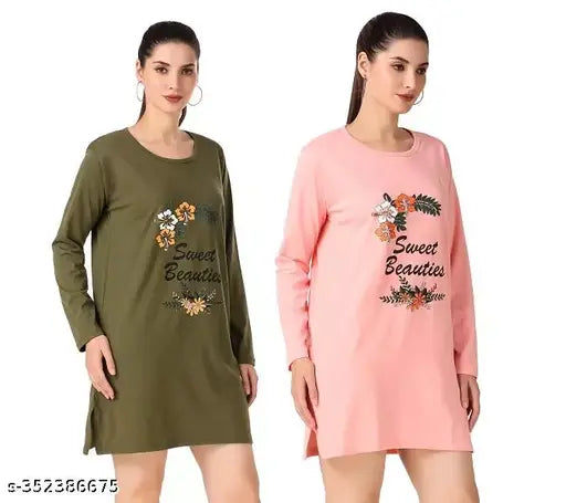 Trike Women Cotton Printed Full Sleeves Round Neck Regular Fit T-Shirts/Top/Long Night Wear T-Shirt for Women's & Girls (Set of 2)