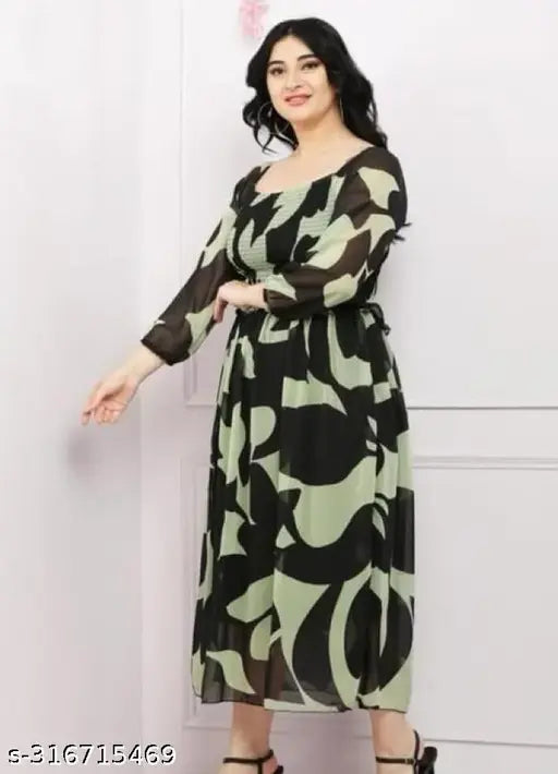 Women's One Piece Fit and Flare Printed Midi Dress, Western Wear Pleated Midi Dress Square Neck Puff Sleeves Maxi Dress Party Dress for Ladies