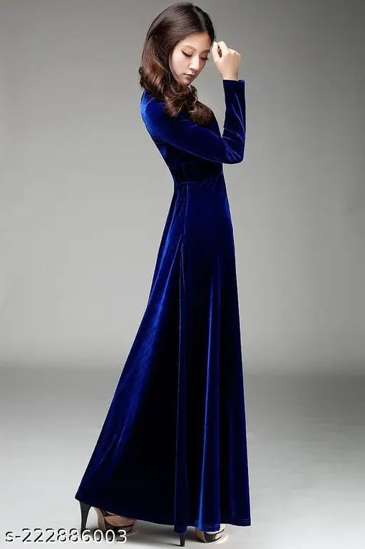 WTC-002 Royal Blue V-Neck Velvet Long Dress