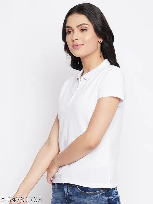 Women's White Solid Polo T-shirt has a Short Sleeves