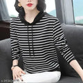 Stylish Striper Full Sleeve Hood Neck  Women T-shirt