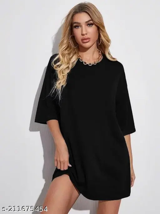 Calm Down Oversized 3/4 Sleeve Plain Black T-shirt for Women