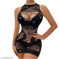 SIZI Women Mesh Body Stocking Lingerie Fishnet Dresses Fishnet Bodysuits Sparkle Rhinestone Stripper Outfits Exotic Sets|BodyStockings Black-BD-103