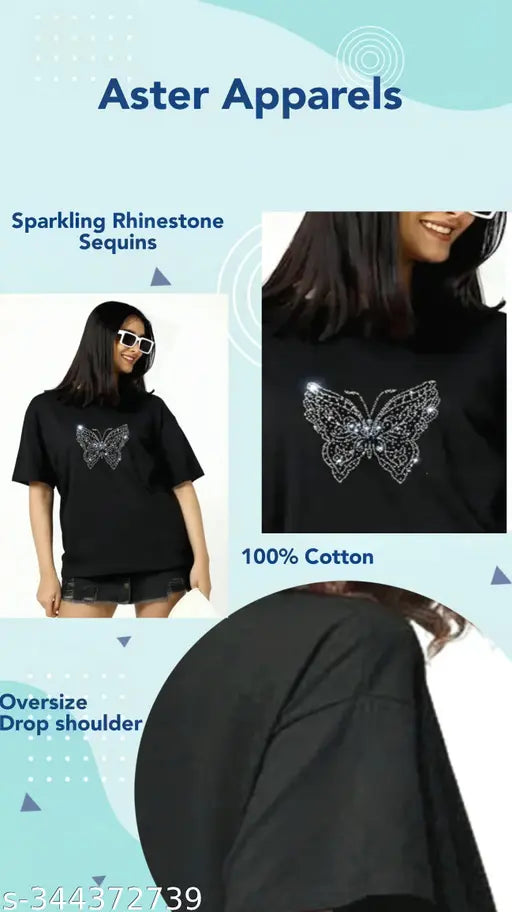 Women Oversized Pure Cotton T-shirt with Butterfly-design Sparkling Rhinestones, Glitters, Sequins. Trendy for party, disc, clubs, festivals. Loose-long, Baggy fit, Drop shoulder T-shirt for summer.