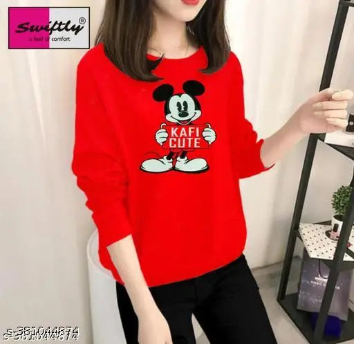 Women's Pure Cotton Mickkey Mouse Print Round Neck Full Sleeve Tshirt