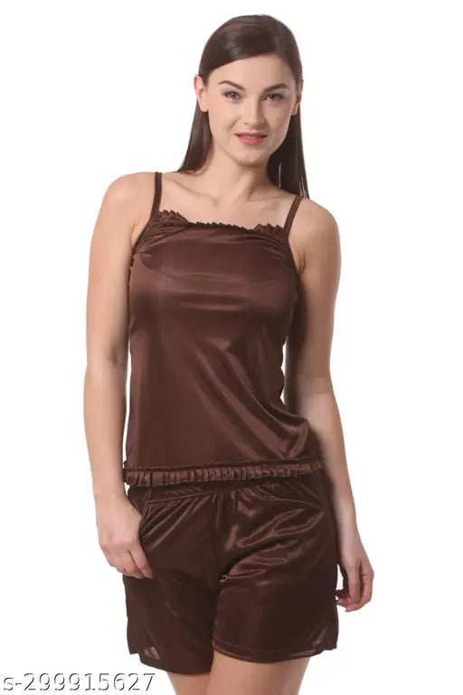 Being Fab Women's Satin Nightwear Set with Frill Accents - Top and Shorts (Available in XS-6XL and 12 Colors)