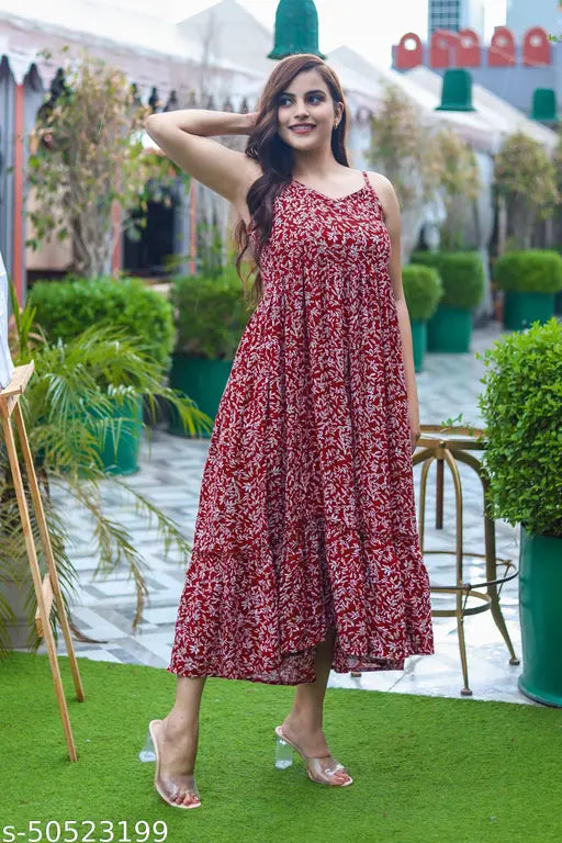 MAROON LEAVES PRINT DRESSES