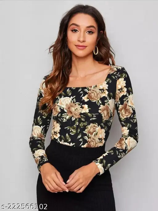 Casual Polyester Blend Square Neck And Long Sleeves Stylish Printed Top (23"Inches)