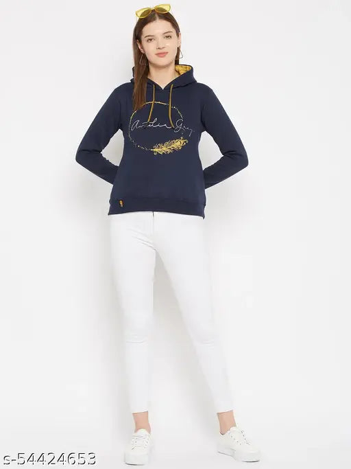 Women's Navy Blue Printed Hooded Sweatshirt