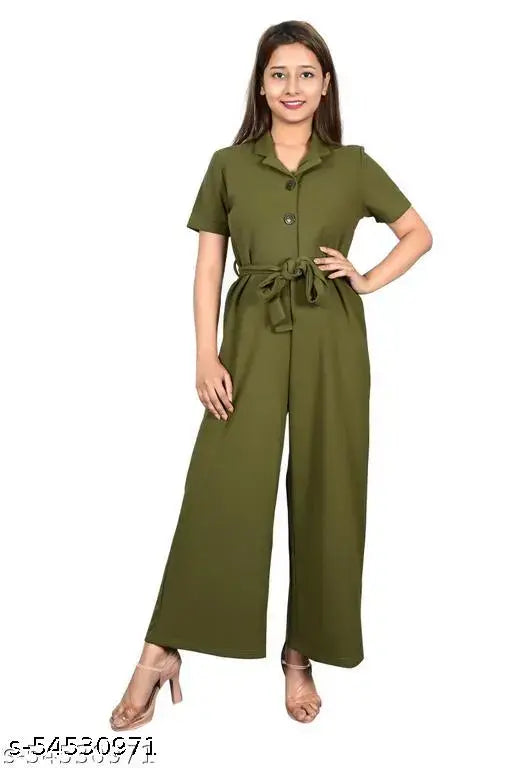 Zenday Casual Solid Olive Jumpsuit for Ladies