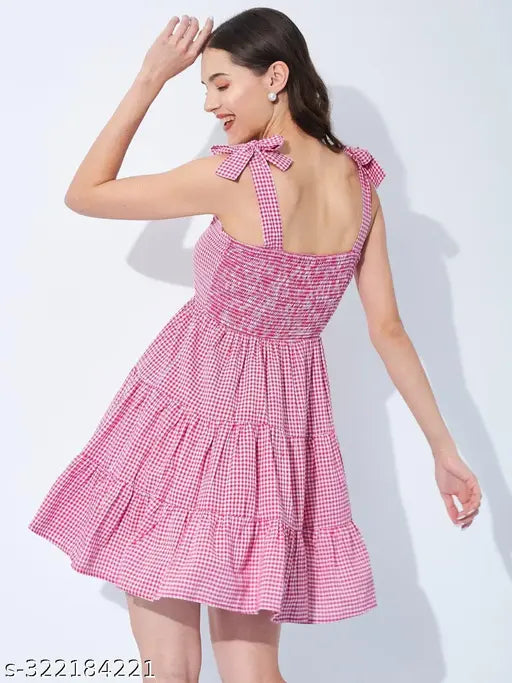 Pink & White Cotton Gingham Check Tiered Dress