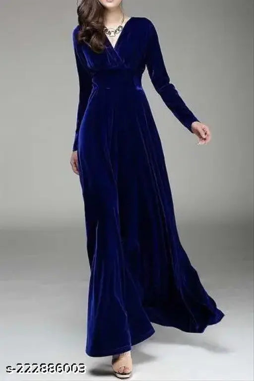 WTC-002 Royal Blue V-Neck Velvet Long Dress