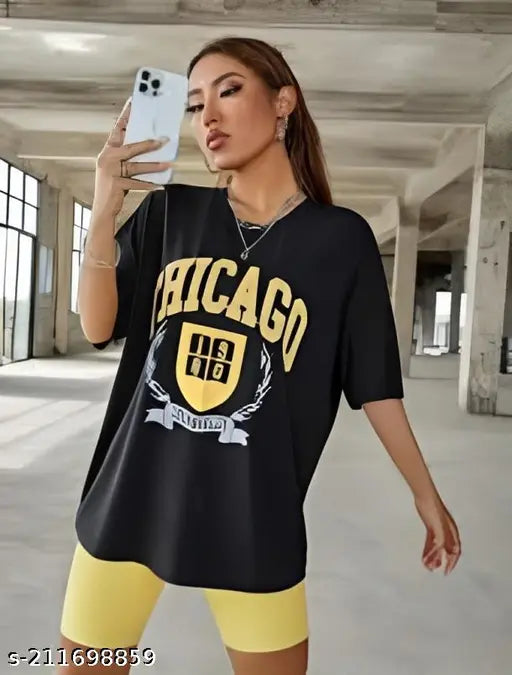 Calm Down Oversized 3/4 Sleeve Black Printed T-shirt for Women