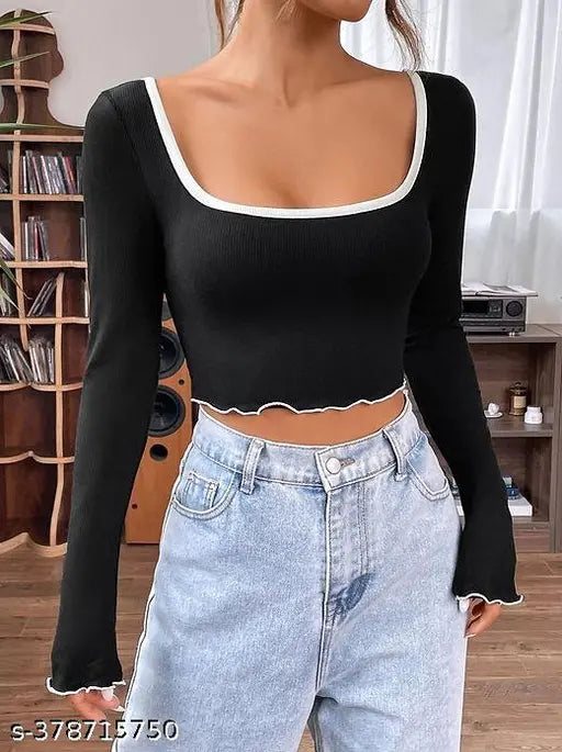 Stylish Deep Neck Bell Sleeve Crop Top ( Black With White Neck )