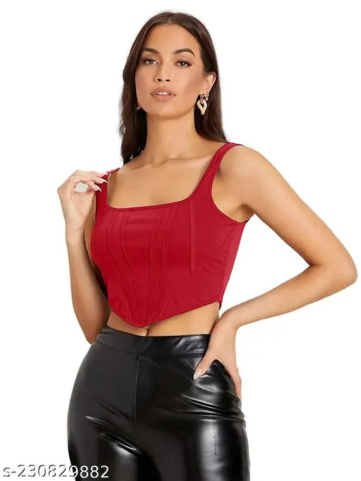 red sleeveless CORSET crop top and black leather pants poses confidently. conveying elegance and poise.