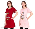 Women and Ladies Long Polo T-Shirt Round Neck Printed Half Sleeve combo pack of 2