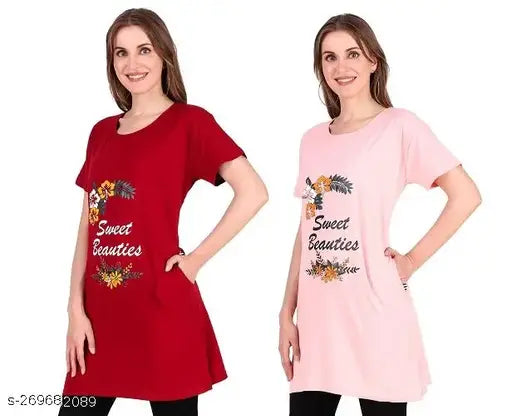 Women and Ladies Long Polo T-Shirt Round Neck Printed Half Sleeve combo pack of 2