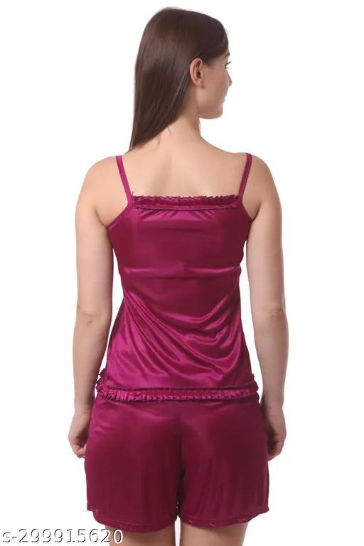 Being Fab Women's Satin Nightwear Set with Frill Accents - Top and Shorts (Available in XS-6XL and 12 Colors)