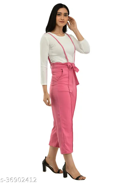 Trendy Ravishing Urbane Latest Women Partywear Pretty Comfy Stylish Latest & Fashionable Two Pieces Pink Dungaree Set- 1 Full Sleeve Round Neck White T Shirt & 1 Pink Fabulous Dungaree Dress Size- S-28, M-30, L-32 & XL-34