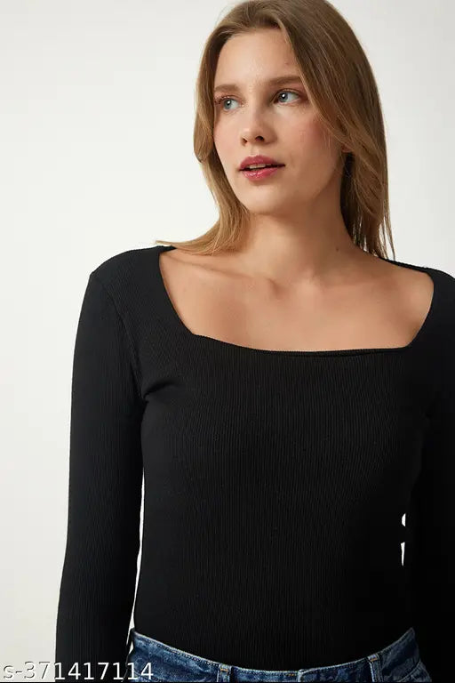 Square Neck Full Sleeve Casual Ribbed Top