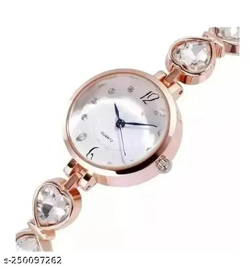 Trandy And beautiful Analog White Dial Watch With Heart Shape Rosegold Bracelet Combo Pack Of 2