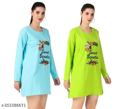 Trike Women Cotton Printed Full Sleeves Round Neck Regular Fit T-Shirts/Top/Long Night Wear T-Shirt for Women's & Girls (Set of 2)