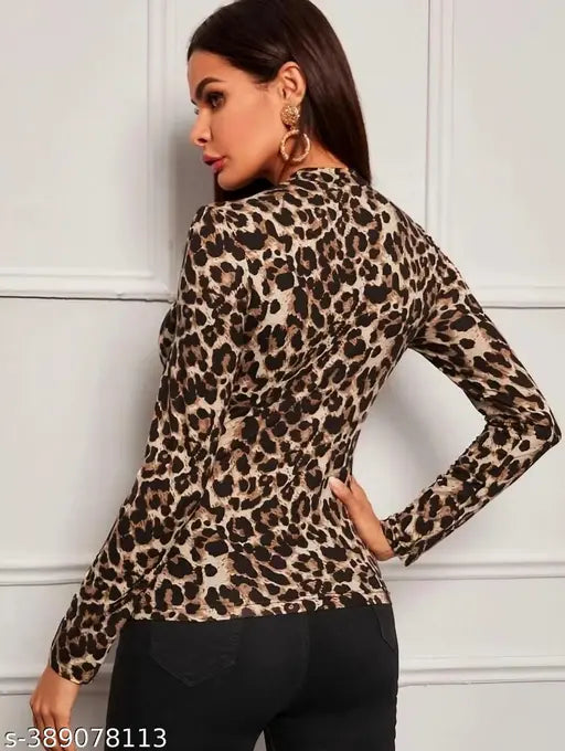 Casual Polyester Blend High Neck And Long Sleeves Animal Printed Black Stylish Top ( 23"Inches)