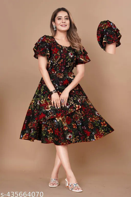 Women Black & Red Tropical Print Layered Knee Length Dress