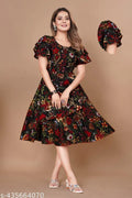 Women Black & Red Tropical Print Layered Knee Length Dress