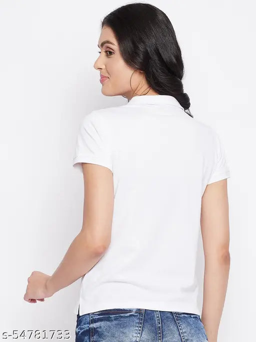 Women's White Solid Polo T-shirt has a Short Sleeves