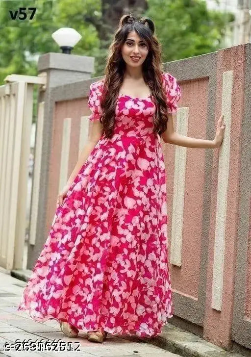 Red Flower  Anarkali Style Dress For Beautiful Women