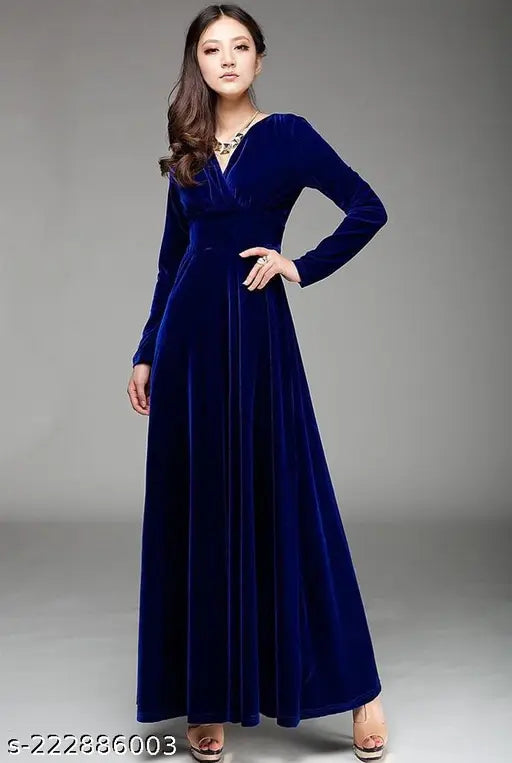 WTC-002 Royal Blue V-Neck Velvet Long Dress