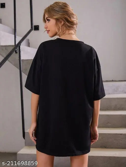 Calm Down Oversized 3/4 Sleeve Black Printed T-shirt for Women