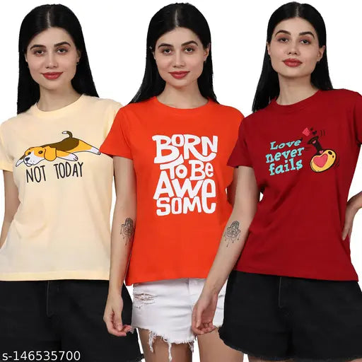 Trendy Women Cotton Printed Tshirt Pack Of 3 (Women Tshirt-36-38-39)