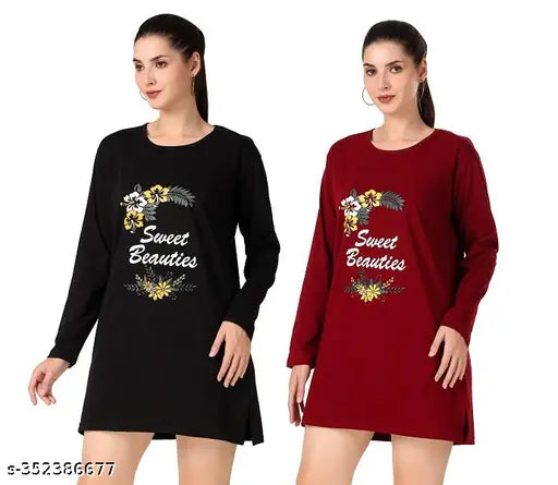 Trike Women Cotton Printed Full Sleeves Round Neck Regular Fit T-Shirts/Top/Long Night Wear T-Shirt for Women's & Girls (Set of 2)