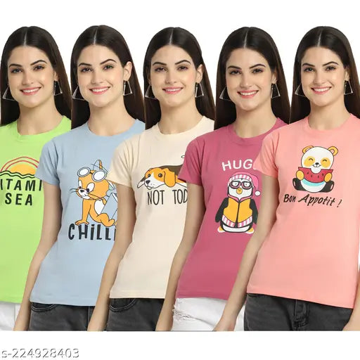 Women Regular Printed Cotton Tshirt Pack of 5