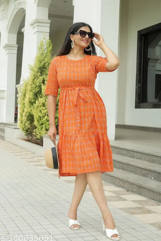 Elegant A line Cotton Dress In Solid Pattern