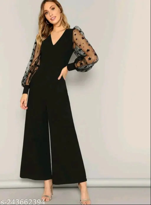 New Modely Contrast Star Mesh Sleeve Wide Leg Jumpsuit