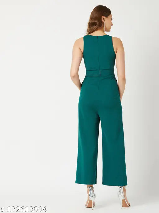 Miss Chase Women's Solid V-neck Green Jumpsuits