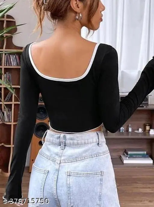 Stylish Deep Neck Bell Sleeve Crop Top ( Black With White Neck )