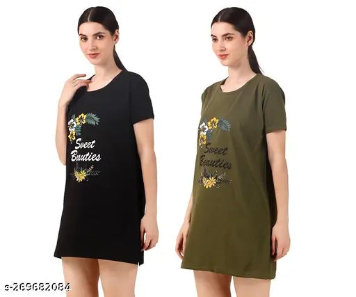 Women and Ladies Long Polo T-Shirt Round Neck Printed Half Sleeve combo pack of 2