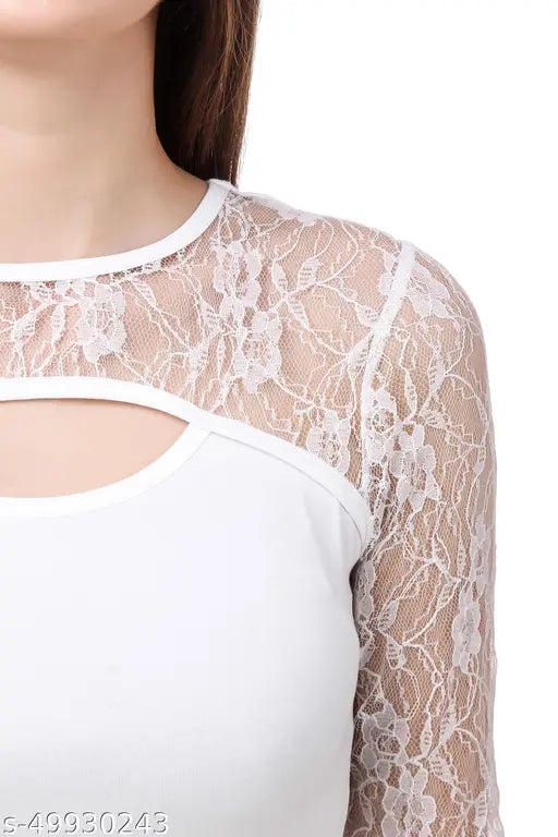 Close-up of a woman's neckline wearing a white top with intricate floral lace detailing. The lace creates an elegant, sophisticated look.