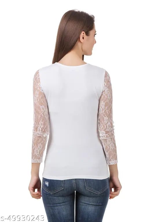 white top with long lace sleeves and blue jeans is shown from the back, providing a casual yet stylish appearance.