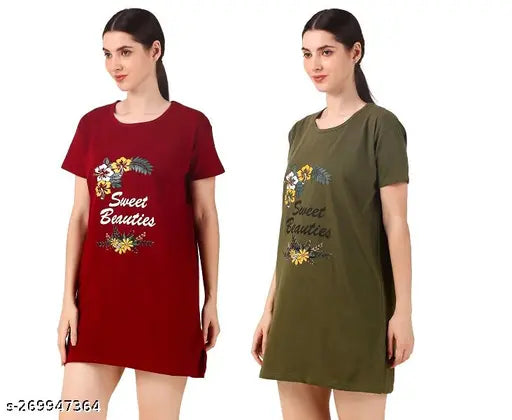 Trike Womens Cotton Printed Long Polo Regular Fit Round Neck Top/T-Shirt/Tshirts Combo pack of 2