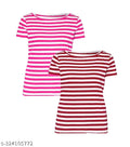 Simple Fancy Trendy Feminine Comfort Premium Women's and girl's Tops and Tshirts Pack of 2 Multicolor Cotton Striped short sleeves t-shirt with stylish printed round neck Pink ; white and Yellow ; white