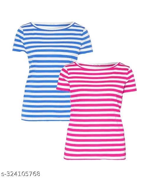 Simple Fancy Trendy Feminine Comfort Premium Women's and girl's Tops and Tshirts Pack of 2 Multicolor Cotton Striped short sleeves t-shirt with stylish printed round neck Pink ; white and Yellow ; white